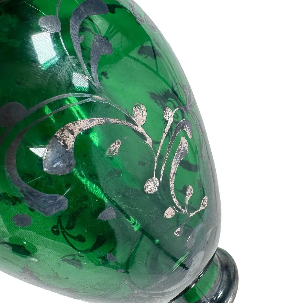 Vintage Empoli‎ Italian Emerald Green Glass Decanter Silver Overlay Floral MCM
